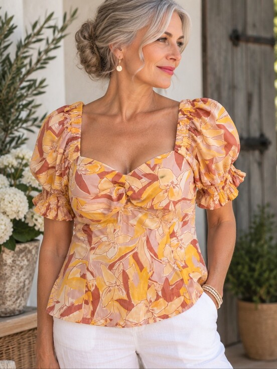 Nine West Tops - Nine West Floral Puff Sleeve Sweetheart Blouse XL NWOT Boho Romantic